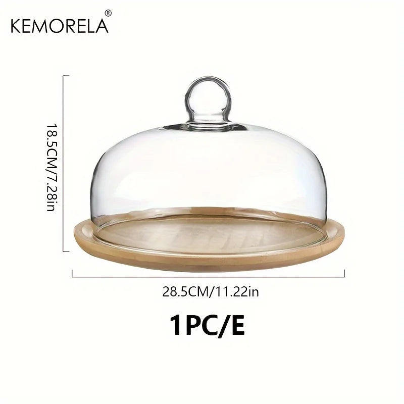 Assiette à dessert en bois avec cloche en verre