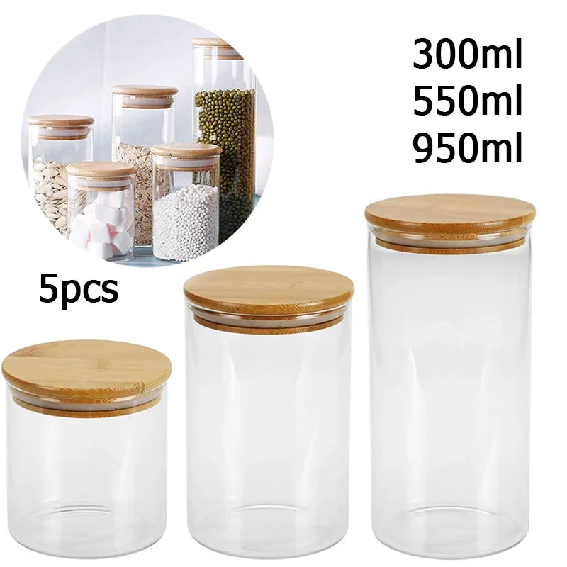 Lot de 5 bocaux hermétiques en verre avec couvercle en bambou
