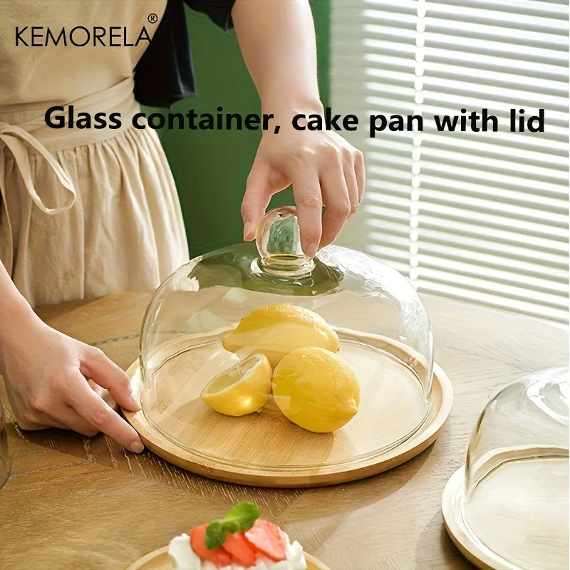 Assiette à dessert en bois avec cloche en verre