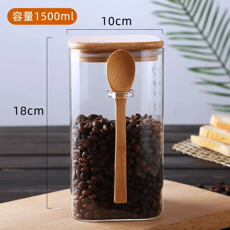 Bocal carré en verre de style brésilien avec couvercle scellé et cuillère