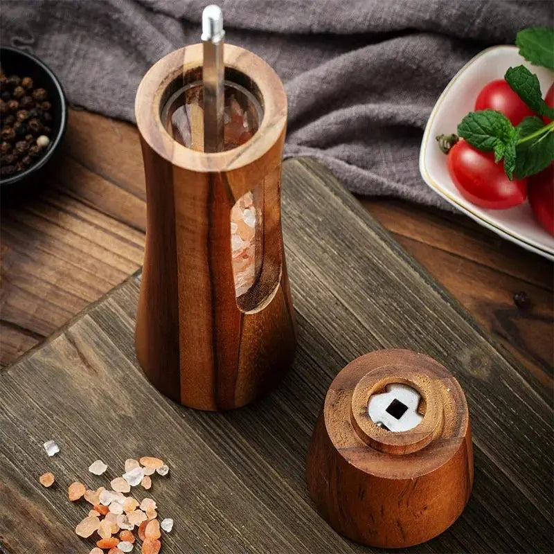Brazilian wood salt and pepper grinder set with base