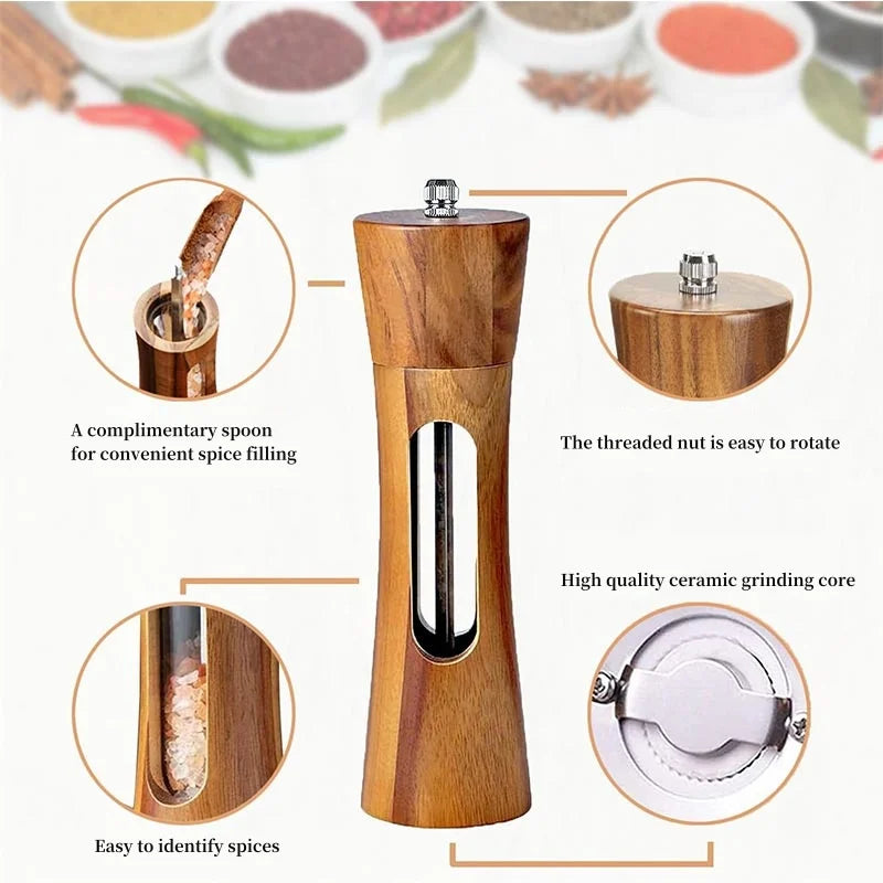 Brazilian wood salt and pepper grinder set with base
