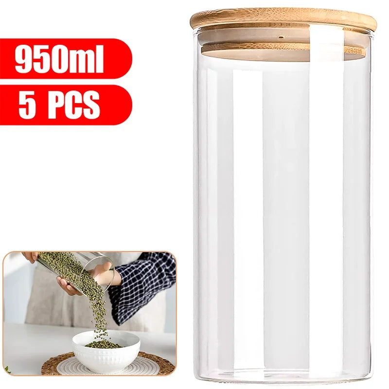 Lot de 5 bocaux hermétiques en verre avec couvercle en bambou