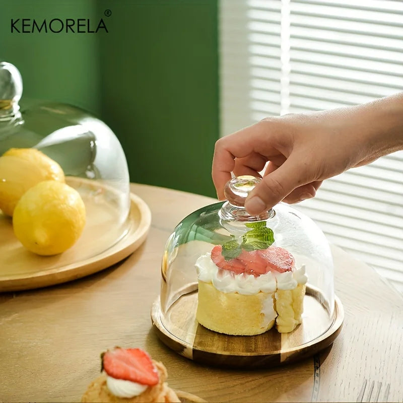 Assiette à dessert en bois avec cloche en verre