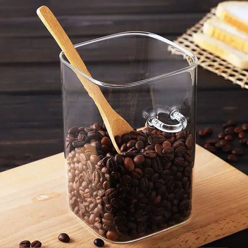 Bocal carré en verre de style brésilien avec couvercle scellé et cuillère