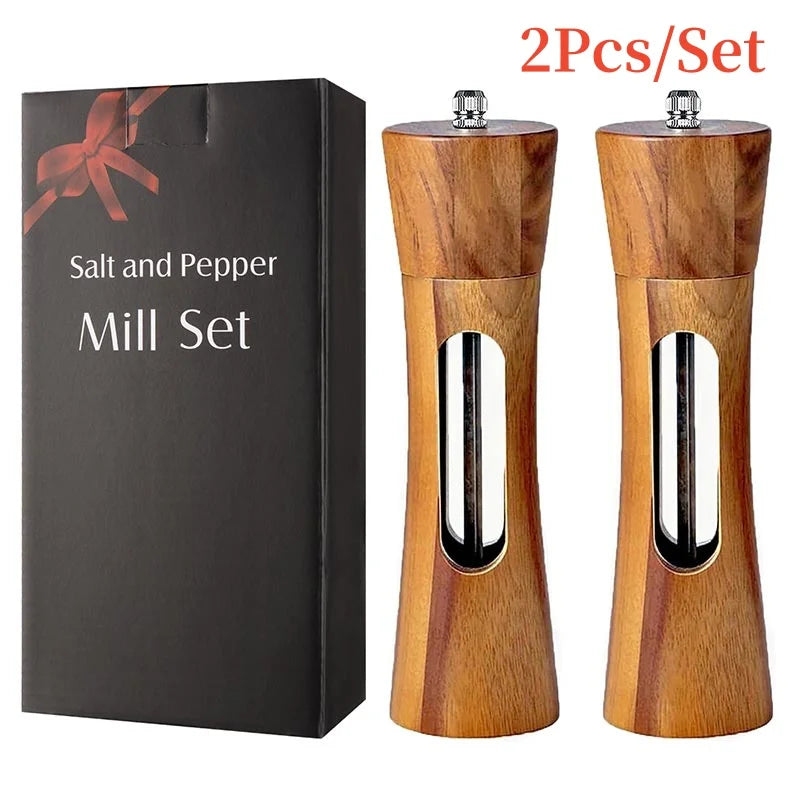 Brazilian wood salt and pepper grinder set with base