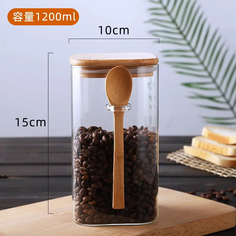 Bocal carré en verre de style brésilien avec couvercle scellé et cuillère