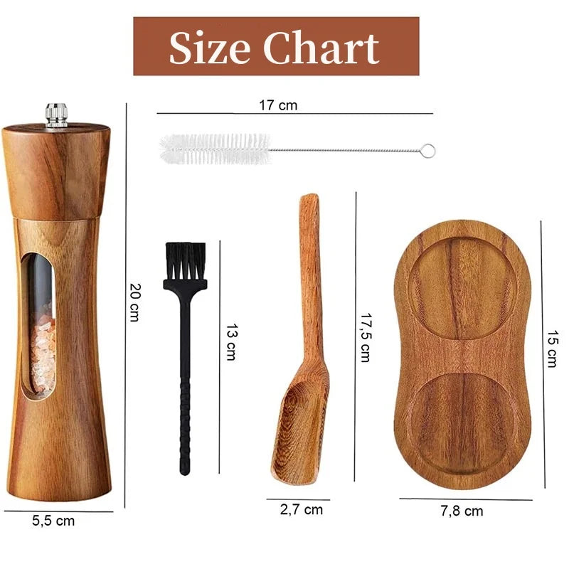 Brazilian wood salt and pepper grinder set with base