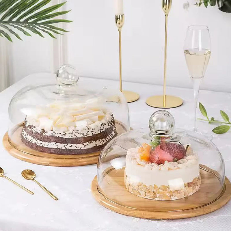 assiette à dessert en bois avec couvercle en verre