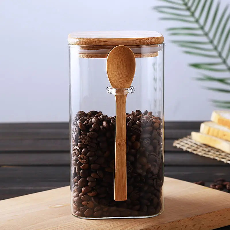 Bocal carré en verre de style brésilien avec couvercle scellé et cuillère