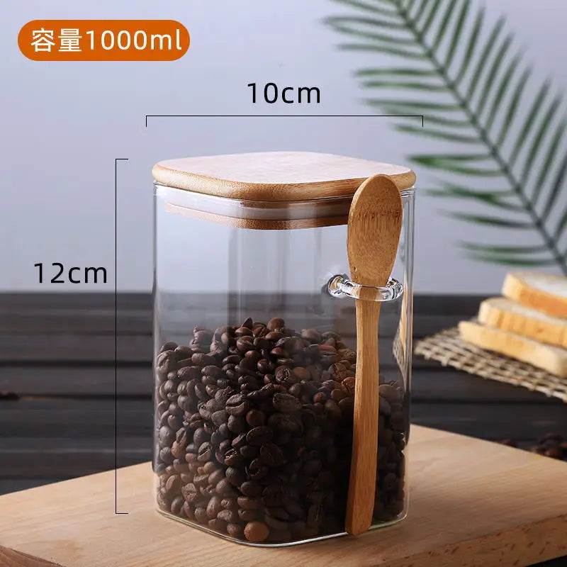 Bocal carré en verre de style brésilien avec couvercle scellé et cuillère