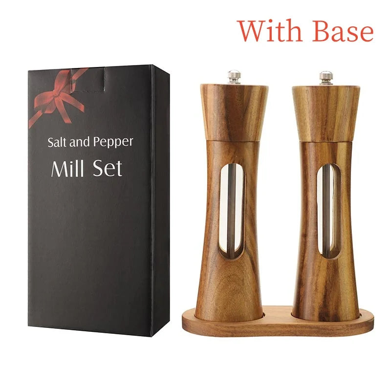 Brazilian wood salt and pepper grinder set with base