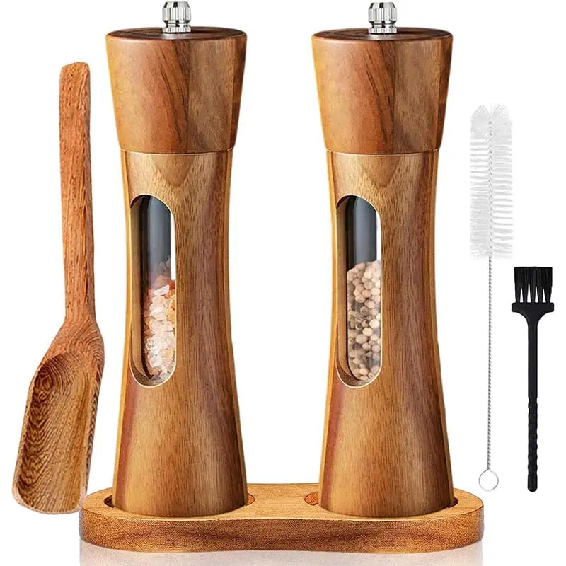 Brazilian wood salt and pepper grinder set with base