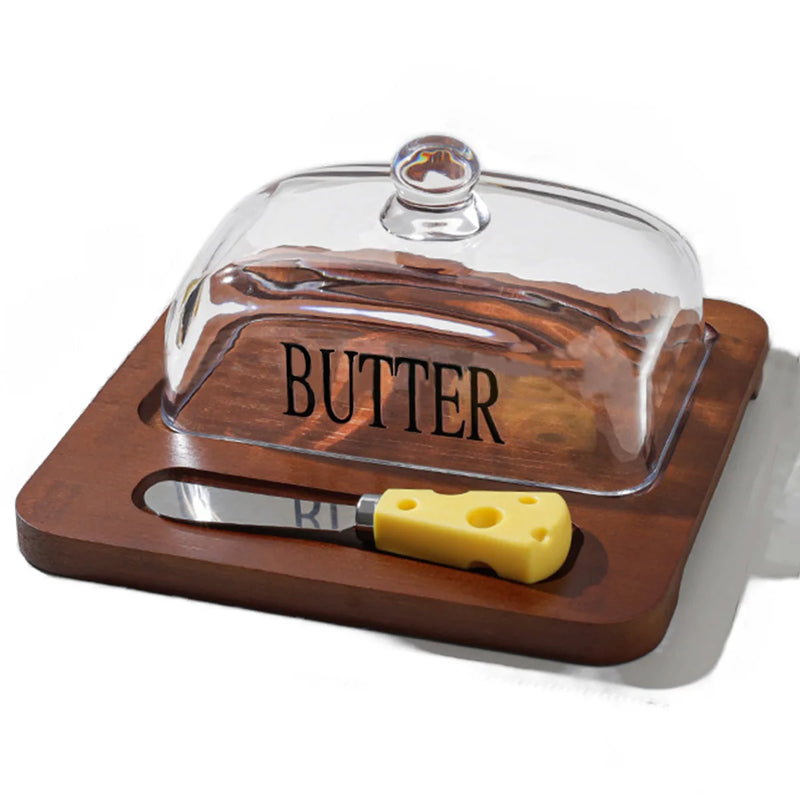 Beurrier en bambou brésilien avec couvercle en verre et coupe-beurre.