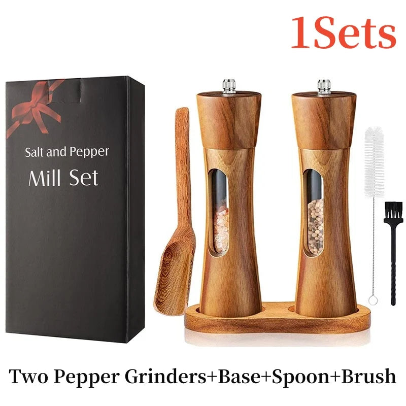 Brazilian wood salt and pepper grinder set with base