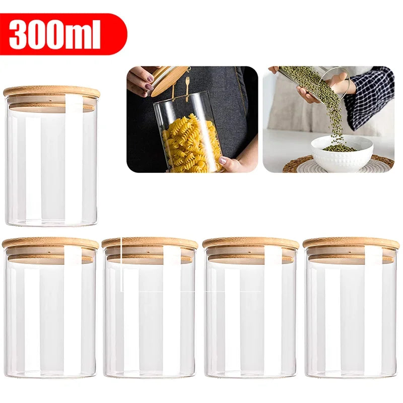 Lot de 5 bocaux hermétiques en verre avec couvercle en bambou