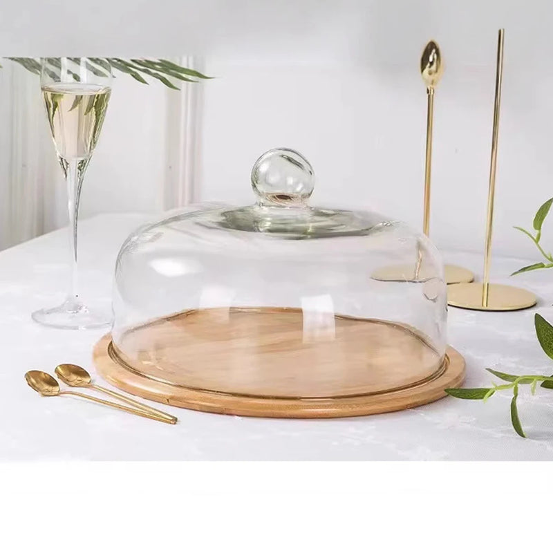 assiette à dessert en bois avec couvercle en verre