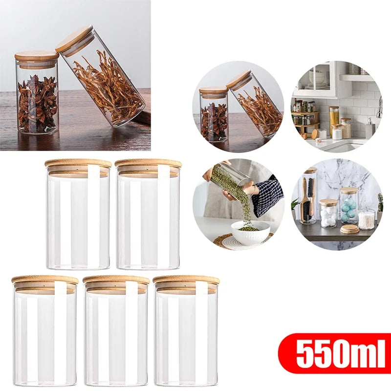 Lot de 5 bocaux hermétiques en verre avec couvercle en bambou