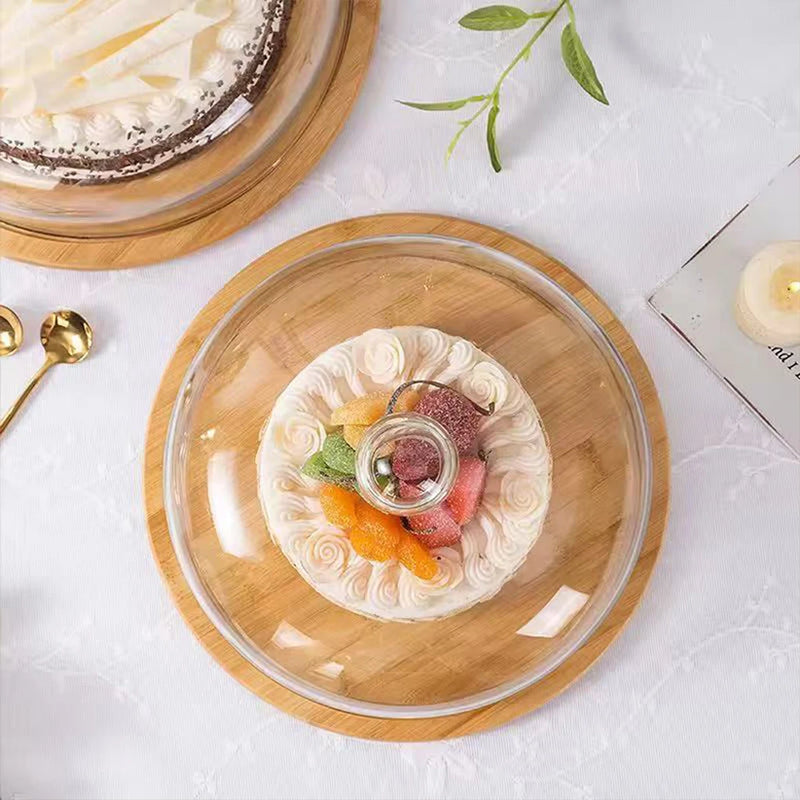 assiette à dessert en bois avec couvercle en verre
