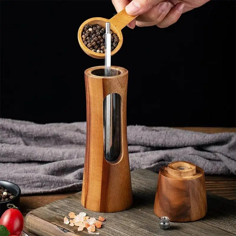 Brazilian wood salt and pepper grinder set with base