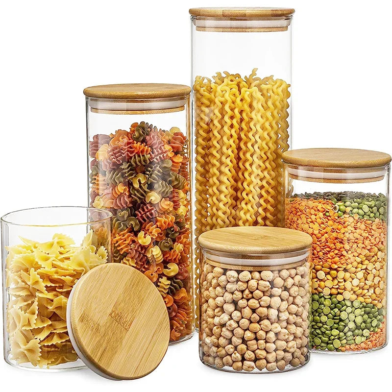 Lot de 5 bocaux hermétiques en verre avec couvercle en bambou